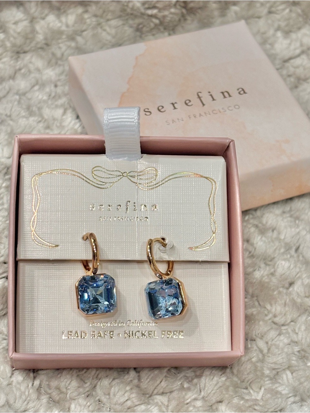 Serefina Gold Hugger Hoop Earrings with Light Blue Square Crystal Drops, NIB